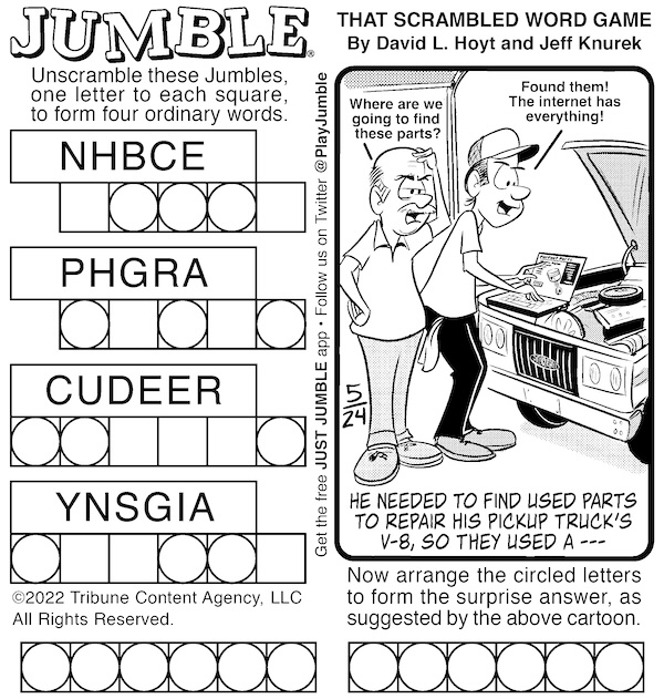 Classic Jumble puzzle with two auto techs working on a car.