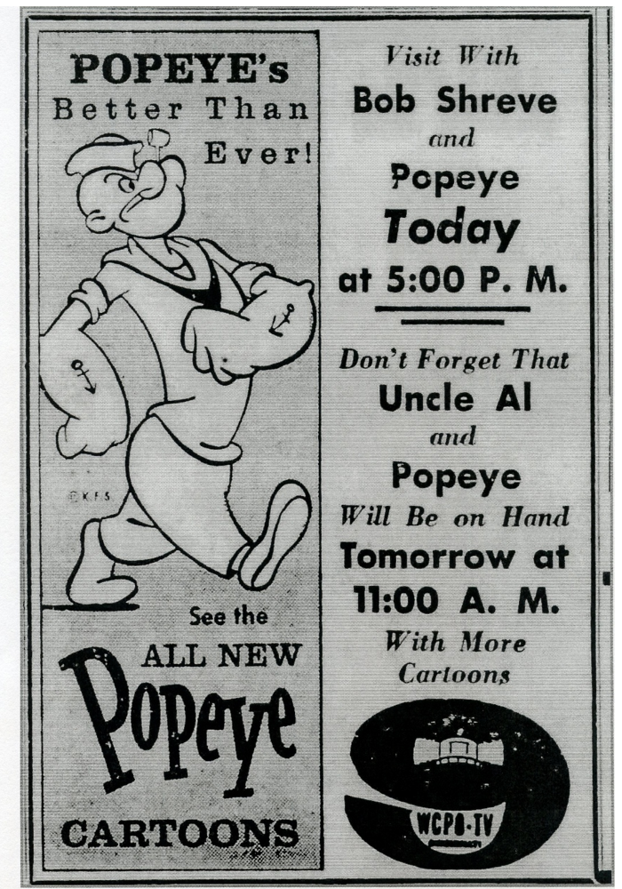 A newspaper advertisement from October, 1960 announcing All New Popeye cartoons for television