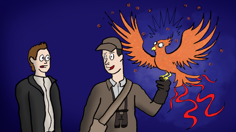 Name That Cartoon Caption: September 2025 - a birder with a phoenix on his hand talks to another man who is astonished by the sight