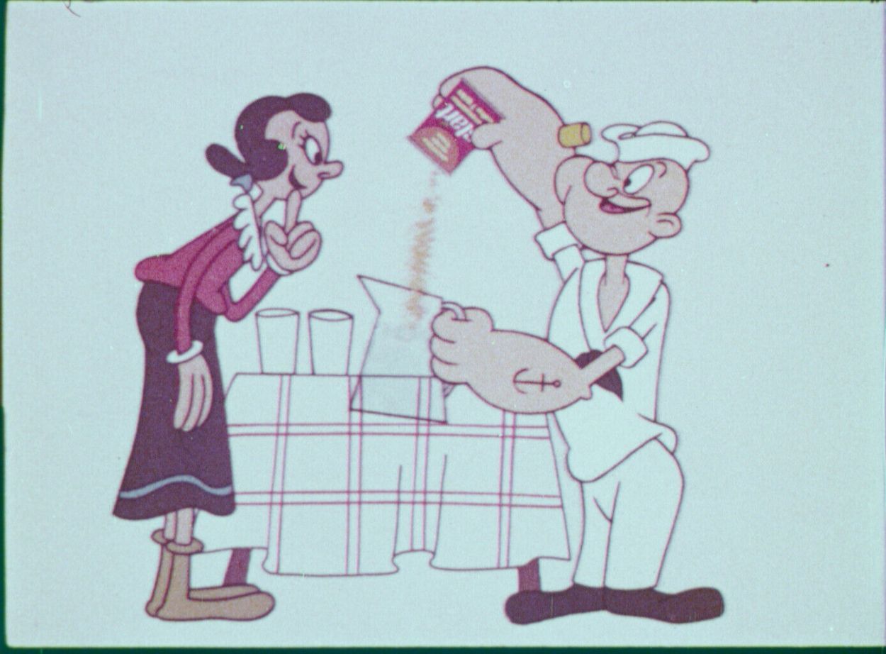 Some television versions of Olive Oyl and Popeye promoted Start Orange juice in a commercial from the early 1970s. Image courtesy of Donald Pitchford.