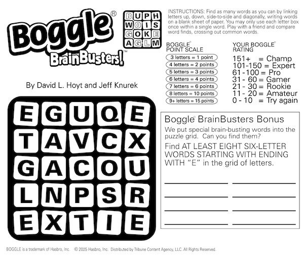 Boggle word search puzzle, featuring words starting and ending with E