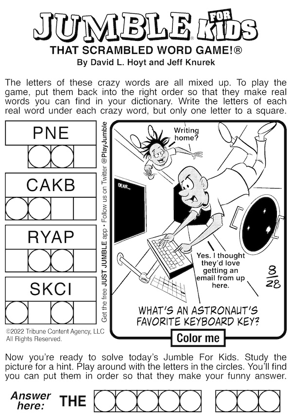 Jumble puzzle for kids, with a cartoon bonus puzzle of an astronaut. For stables and space travel