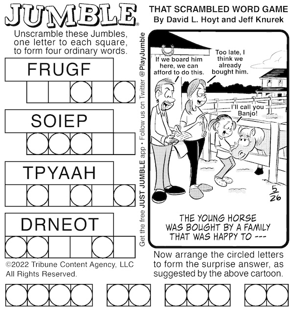 Classic Jumble puzzle, with a family looking at purchasing a young horse. For the puzzle pairs featuring stables and space travel
