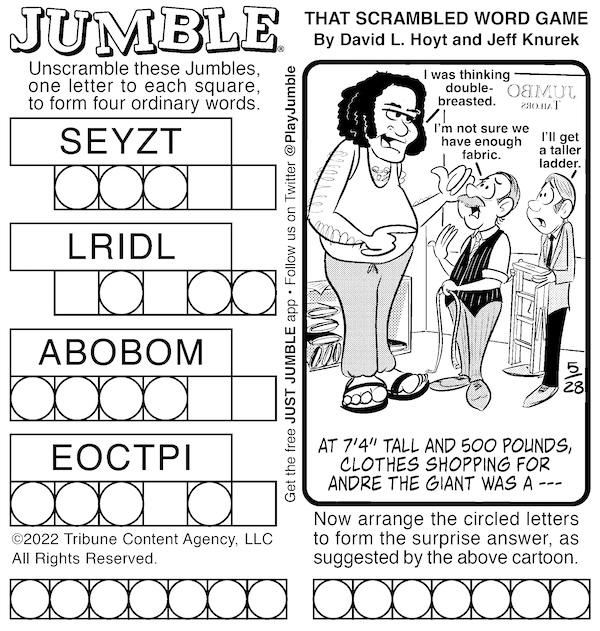 Used with Jumble puzzles with honey and a giant. This classic edition features tailored trying to make a suit for Andre the Giant