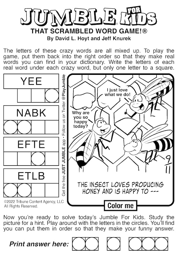 Used with two Jumble puzzles with honey and a giant. This Jumble for kids features three busy bees on a honeycomb.