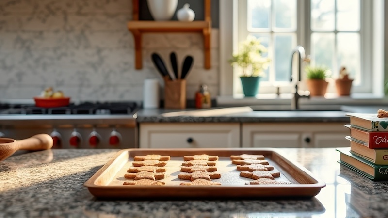 Cookies and cookbooks in a kitchen. I miss cookbooks. AI generated