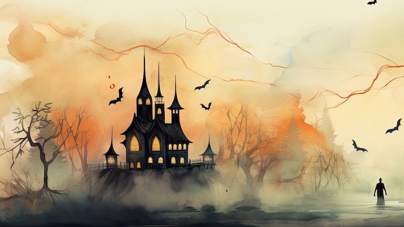 A spooky Halloween-themed watercolor with bats, a castle, and a mysterious figure. For a skeptic's take on Halloween