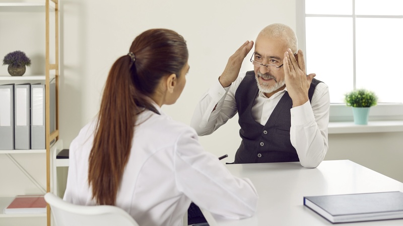 Man getting a medical or mental health consultation, discovering ADHD later in life. Image by Lacheev