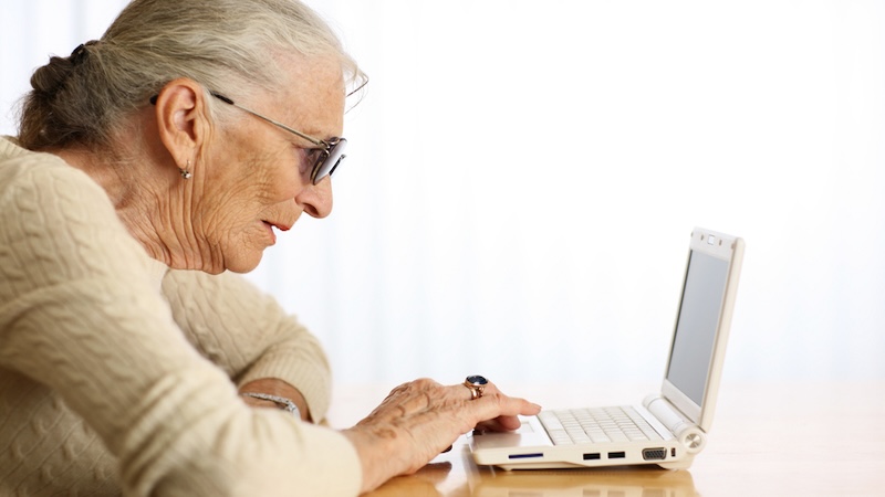 Woman on her small laptop computer, perhaps playing a game like Boggle says "Go Fish"! Image by Konstantin Sutyagin