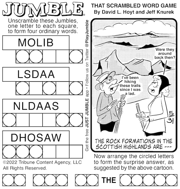 Classic Jumble puzzle with two hikers discussing the Scottish Highlands in the background - Jumble puzzles with letters and heights