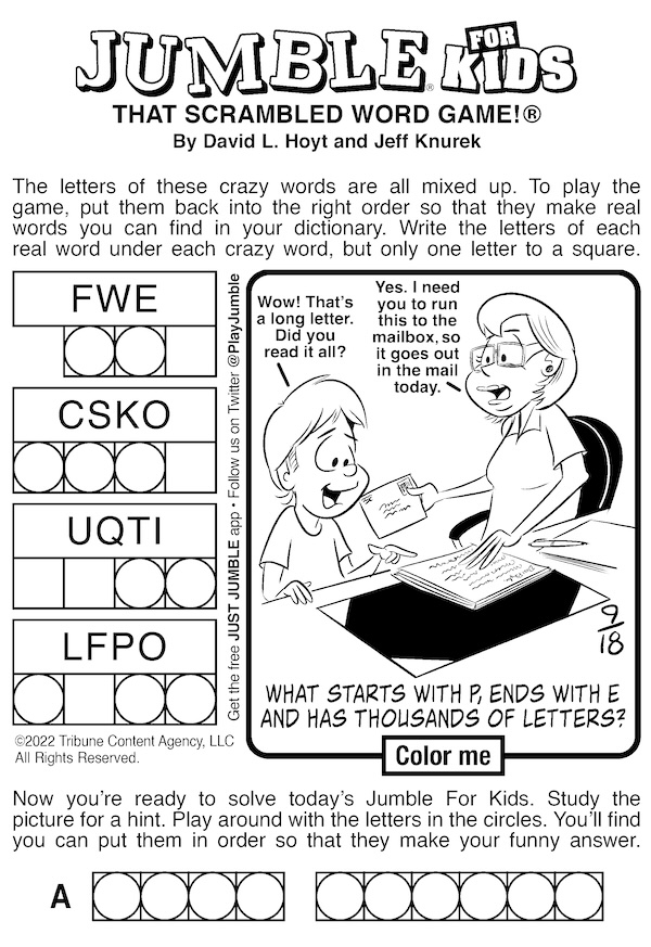 Jumble puzzle for kids with cartoon of child and mother at desk. Used with a classic Jumble for letters and heights