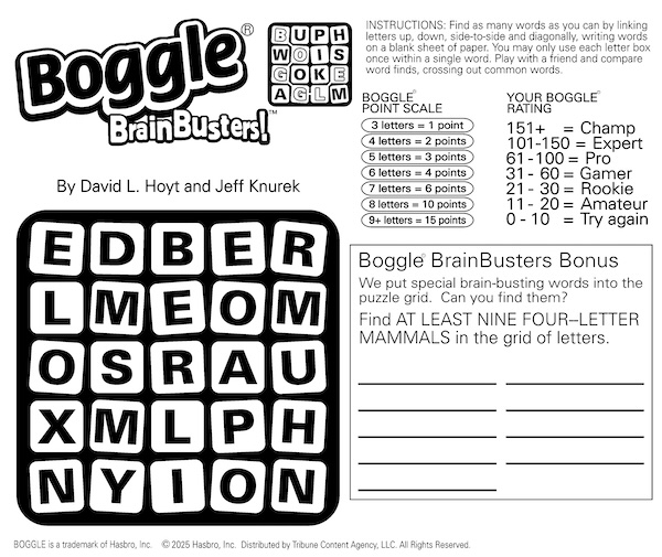 Boggle puzzle with mixed up letters. Find the four-letter mammals in hiding