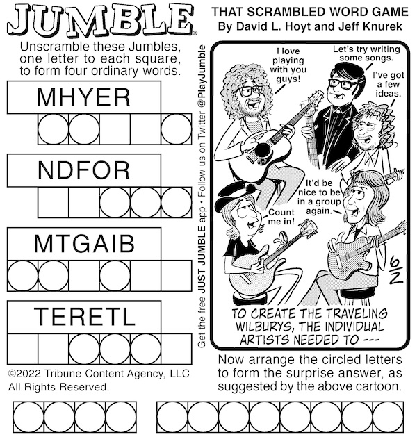 Classic Jumble puzzle with a group of musicians; along with a Classic Jumble: with musicians and a riddle