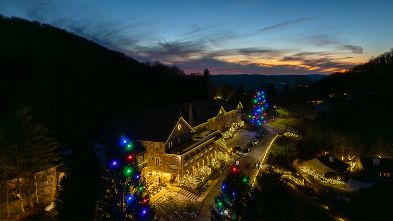 Mountain Lake Lodge illuminated for the winter holidays. 