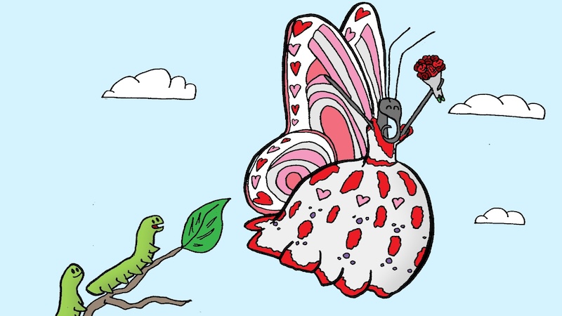Two caterpillars comment on an especially fancy butterfly. Think you’re funny? Enter our contest to pit your wits against others or see the winners in Boomer’s Name That Cartoon Caption November 2025