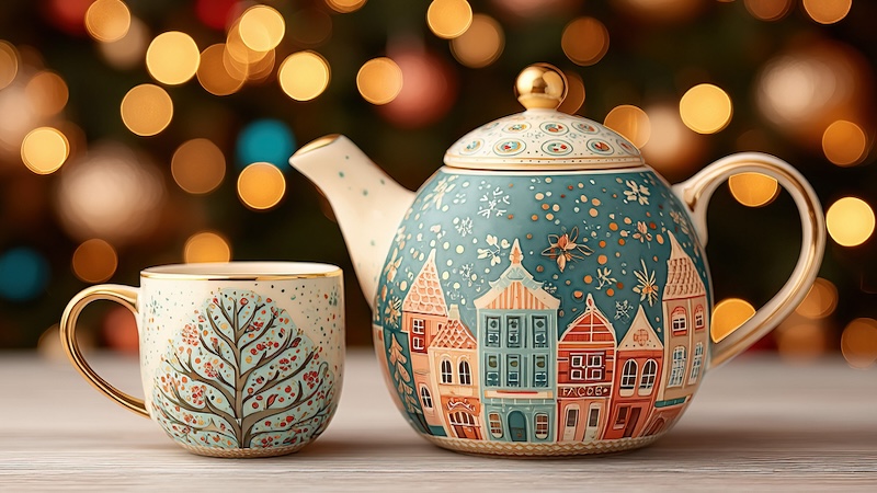 Tea pot and cup with a Christmas theme and lights in the background. By Sharaf Maksumov. Used with What's Booming November 26