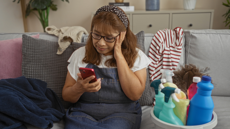 A woman looks at her phone, tired of cleaning, as the cleaning bottles beside her indicate. Her inconsiderate brother has called last minute and is coming to visit,