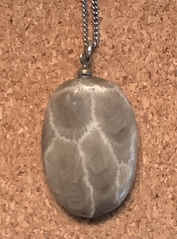 A polished Petoskey stone made into a necklace