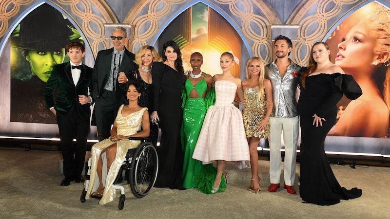 Used with article on "Wicked: For Good" - (From L) Actors Ethan Slater, Jeff Goldblum, Marissa Bode, Michelle Yeoh, Cynthia Erivo, Ariana Grande, Jonathan Bailey and Bronwyn James attend the Los Angeles premiere of Universal Pictures’ “Wicked” at the Dorothy Chandler Pavillon, in Los Angeles, November 9, 2024. Photo by VALERIE MACON / AFP. CREDIT: Photo by VALERIE MACON/AFP via Getty Images.