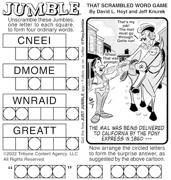Jumble puzzle classic with a Pony Express cartoon.