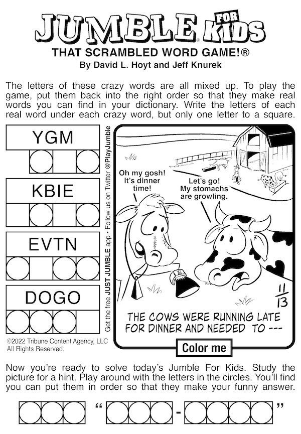 Jumble puzzle for kids, with a cartoon of cows. For Jumble puzzles with cows and ponies