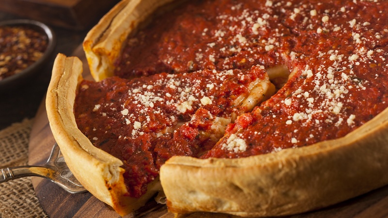 A fan of Chicago deep-dish pizza would thrill to this thick crust pie with generous cheese and tomato sauce
