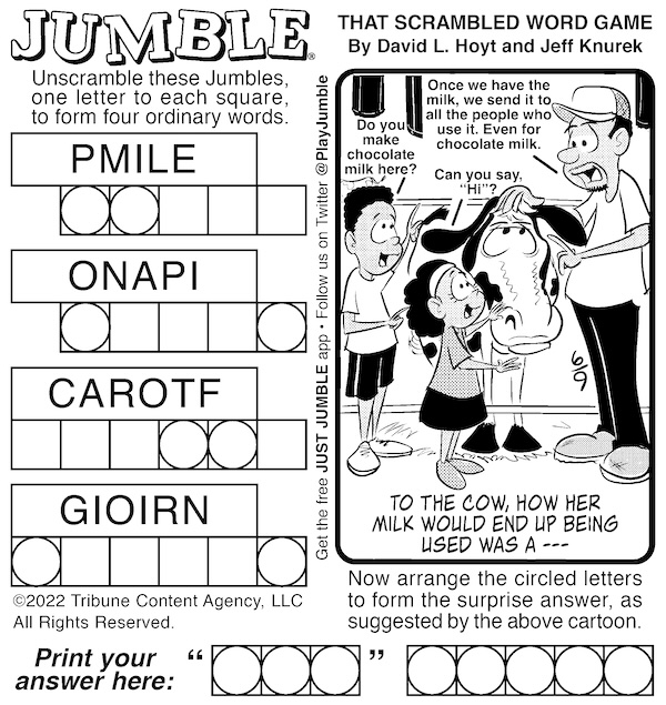 Jumble puzzle with a cow in the bonus cartoon. Used with the week's Jumble with a cow and magician
