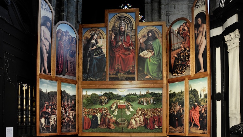 St. Bavo’s Cathedral in picturesque Ghent houses the pearl of Flemish painting – the gigantic Adoration of the Mystic Lamb, which is perhaps the most stolen painting in existence. CREDIT: Cameron Hewitt, Rick Steves’ Europe.