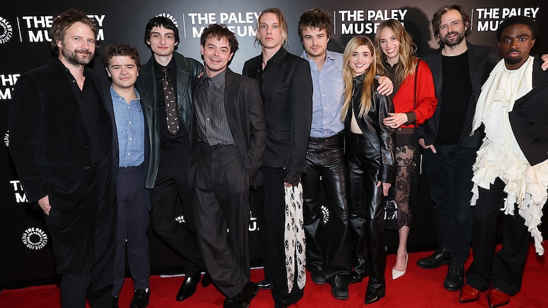 NEW YORK, NEW YORK - DECEMBER 18: (L-R) Ross Duffer, Gaten Matarazzo, Finn Wolfhard, Charlie Heaton, Jamie Campbell Bower, Joe Keery, Natalia Dyer, Maya Hawke, Matt Duffer, and Caleb McLaughlin attend PaleyLive's "Stranger Things" - The Final Season Celebration at The Paley Museum on December 18, 2025 in New York City. (Photo by Mike Coppola/Getty Images)