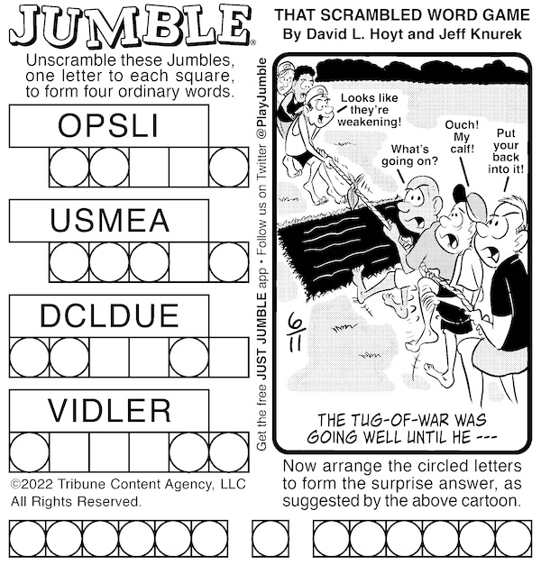 Jumble puzzles with a cat and a game - Jumble classic with people playing tug of war