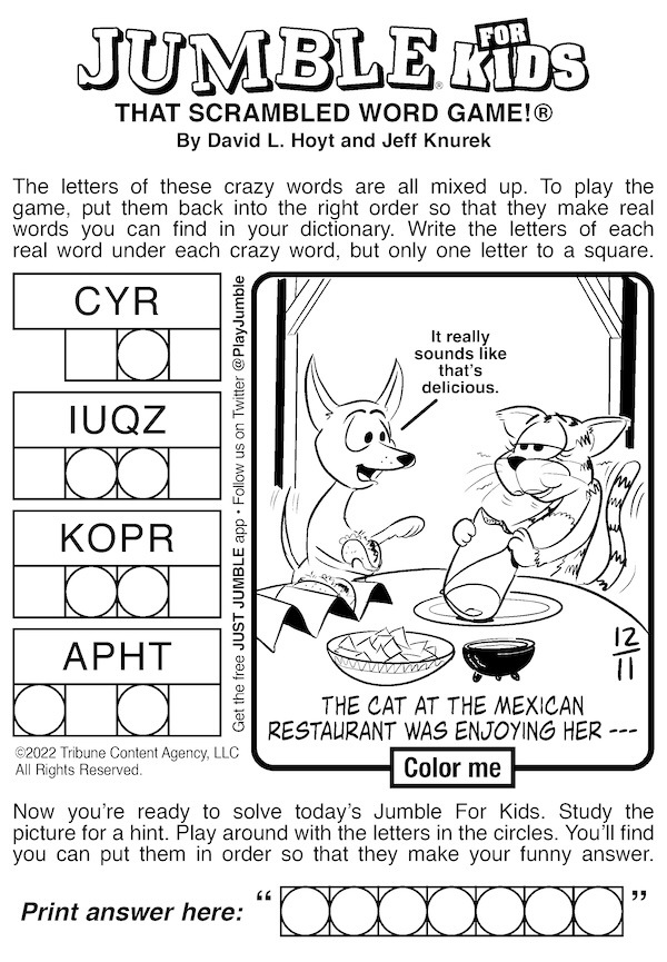 Jumble puzzles with a cat and a game - Kids puzzle with a cat at a Mexican restaurant