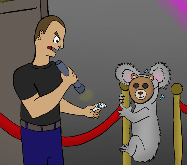 A bouncer looks at an ID card of a disguised animal. Boomer caption contest