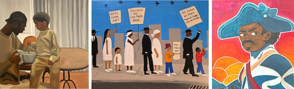 The 2026 Black Artist Showcase at Jamestown Settlement features 28 works of art by 27 Virginia artists, including (shown from left) “Solace” by Amari Wooten; “Procession 2025” by Otis Stanley; and detail from “Born Into The Fight” by Sharard X. Images courtesy of the artists.