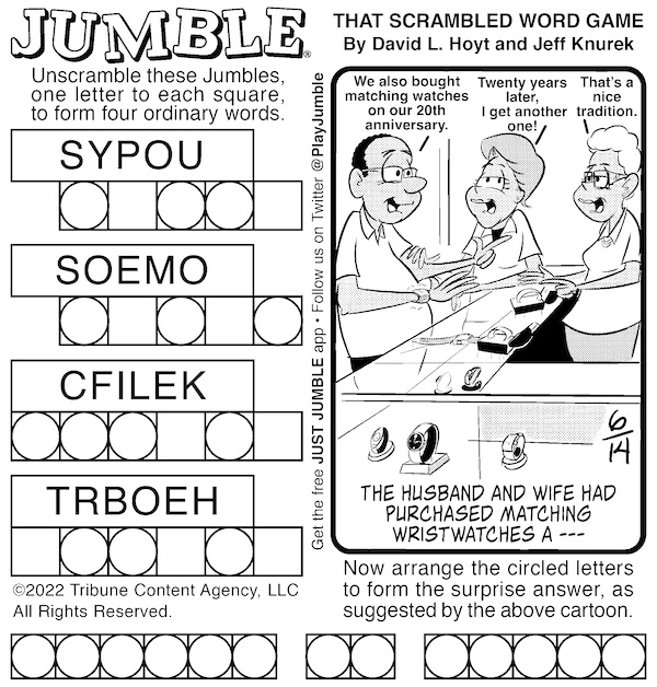 Jumble puzzle with a December anniversary - as a couple picks out their matching watches