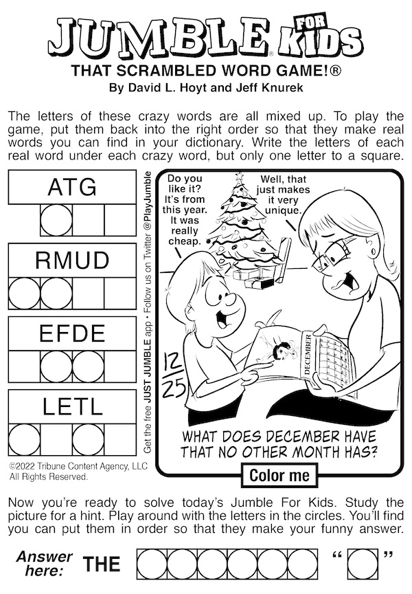 Classic Jumble with a cartoon of a child giving his mother a calendar opened to December