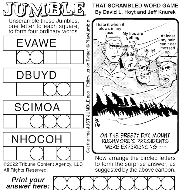 Jumble puzzles with presidents and cubs - this classic Jumble includes a cartoon of Mount Rushmore with the presidents chatting among themselves.