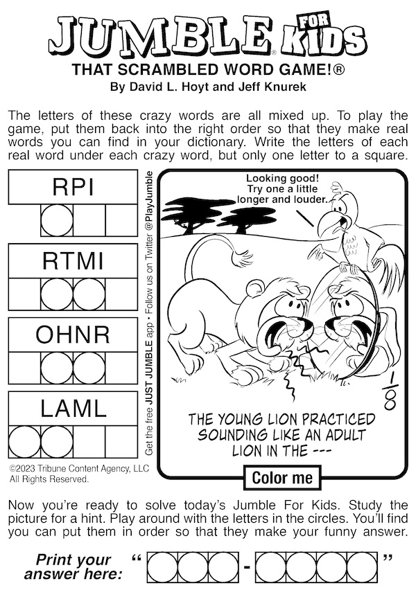 Jumble for Kids. A lion cub is practicing his fierce lion sounds. 