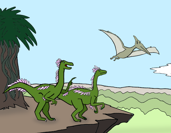 Two dinosaurs talk about a flying dinosaur in this untitled cartoon: Name that cartoon caption March 2026