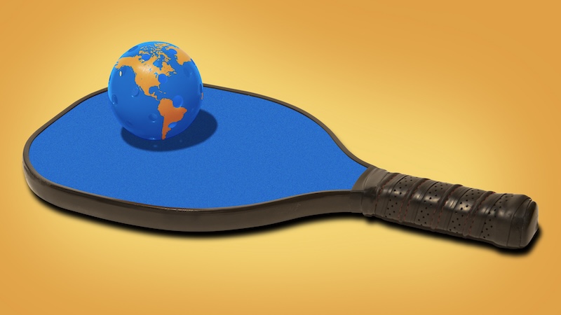 A pickleball paddle and ball, with a globe image on the ball, for becoming a pickleball politician. Robert Hills