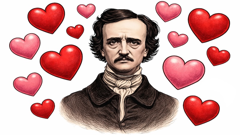 Poe surrounded by 13 hearts, for event on February - Friday the 13th. For What's Booming February 12.