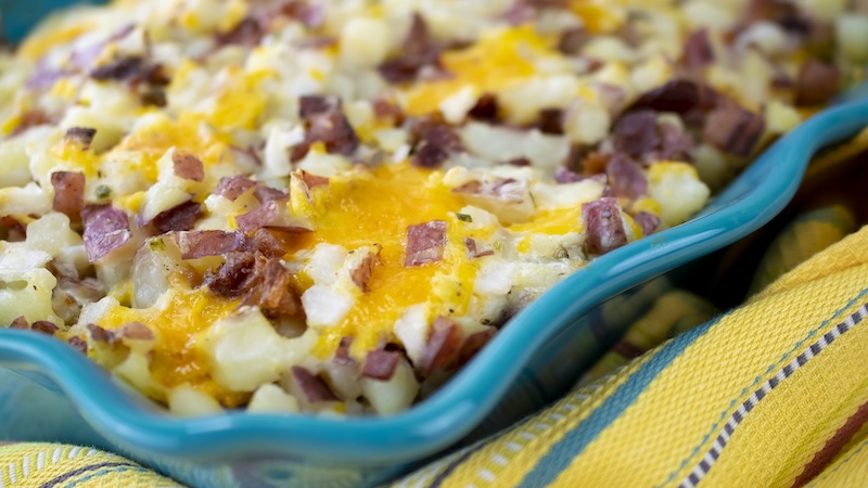 Cheesy Baked Potato Casserole, one of the two comforting brunch casseroles with recipes