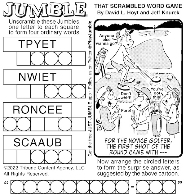 Jumble puzzles with aging and golfing - Classic Jumble with a cartoon of young golfers