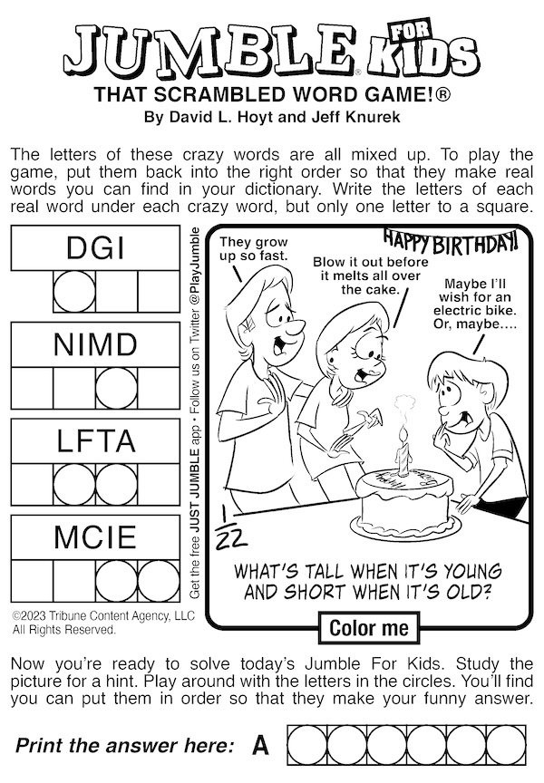 Jumbles on aging and golfing: this Jumble for Kids has a cartoon of a birthday celebration