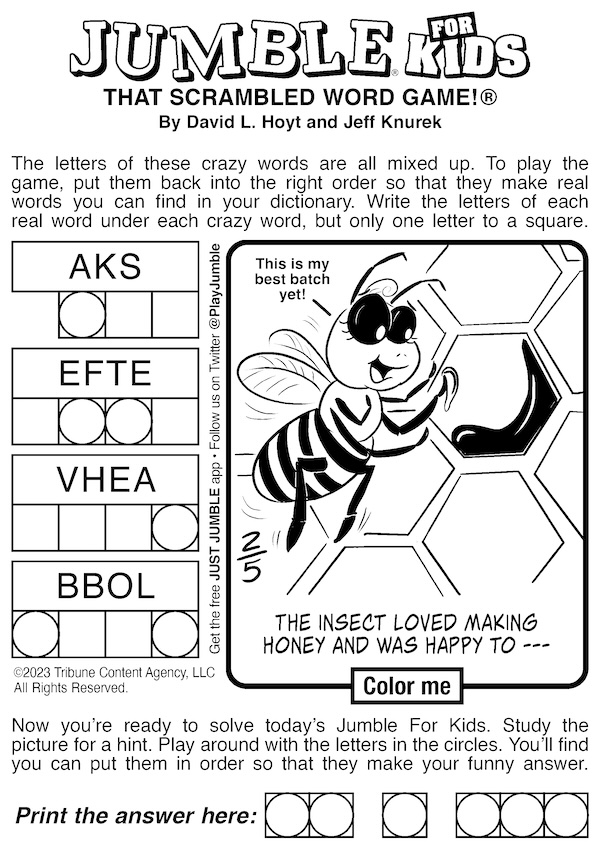 Jumble for kids shows a honeycomb cartoon. For classic and kids, honey and farms