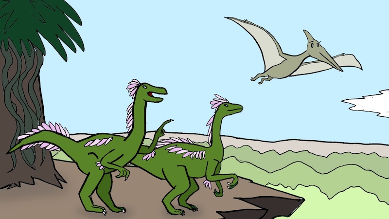Name That Cartoon Caption March 2026 - two dinosaurs talking about a flying pterodactyl