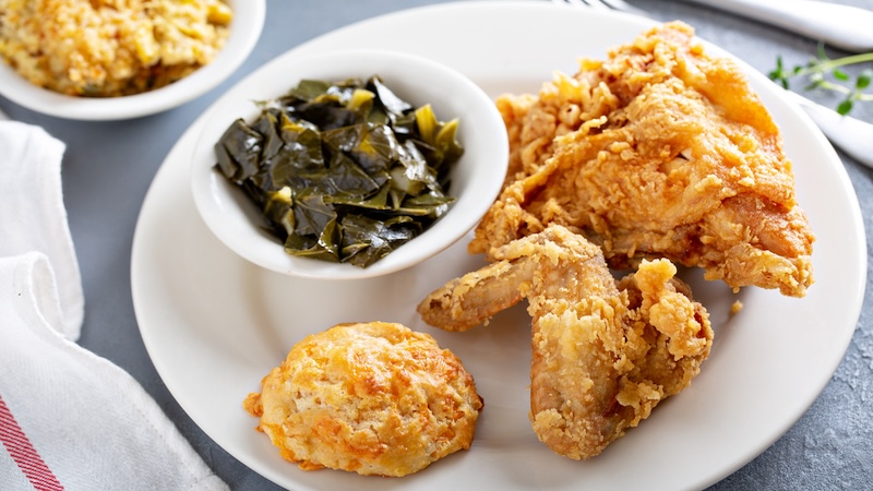 Fried chicken dinner, by Elena Veselova. Used with What's Booming March 12