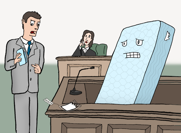 Cartoon caption contest for April 2026: A mattress is in the witness stand getting grilled by a lawyer as the judge looks on