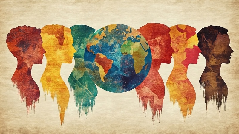 Images of different color silhouettes and the Earth in the center, representing diversity. For What’s Booming RVA: The Real Tragedy? Not Enough Time. Yuliya Rudzko