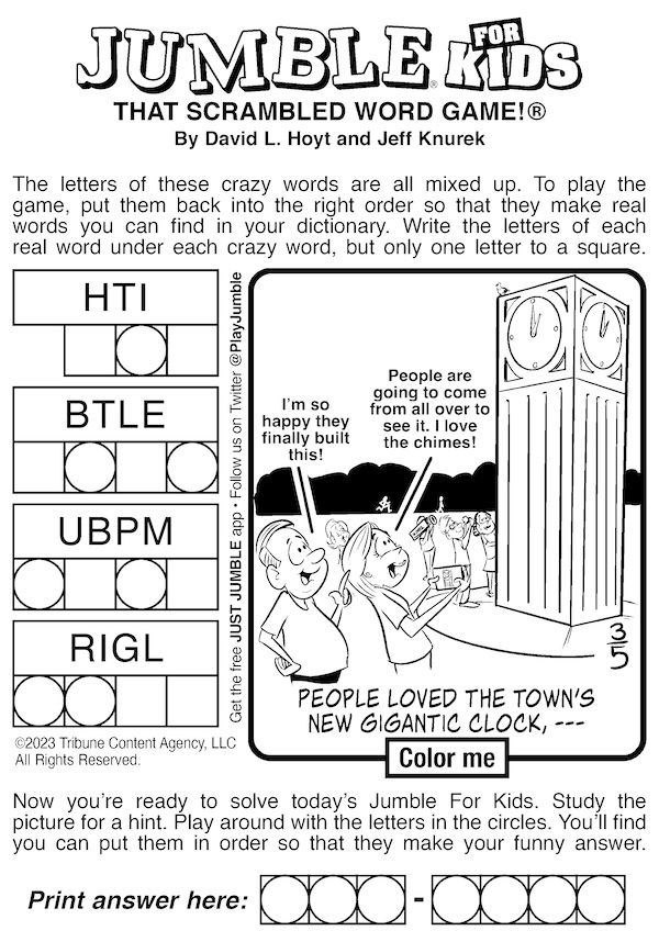 Jumble puzzle for kids: Big clock cartoon, in time for a witch