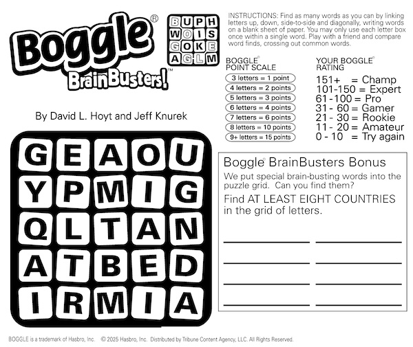 A Boggle country challenge: find the words hidden in the mixed-up letters.